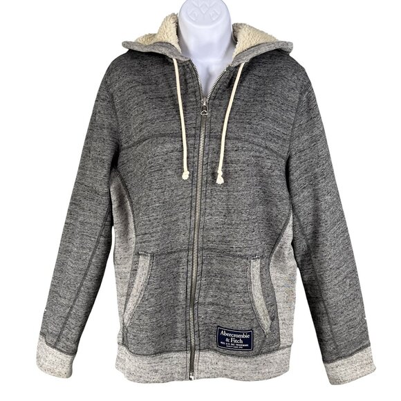 Abercrombie & Fitch Men M Y2K Gray Deep Pile Sherpa Lined Full Zip Hoodie Jacket - Picture 5 of 16